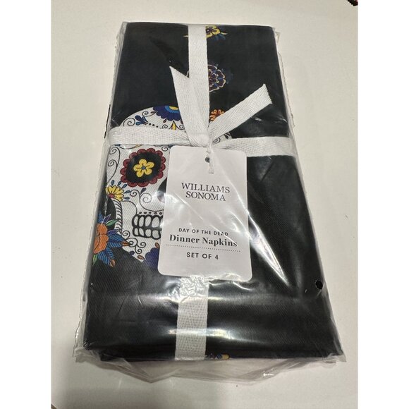 NWT 4 Williams Sonoma Black Dinner Napkins Day of the Dead Skull Cinco De Mayo - Picture 3 of 3